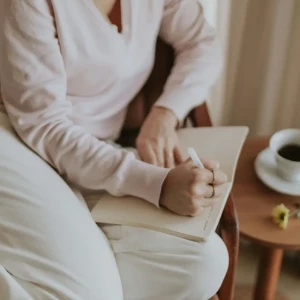 Frau sitzt entspannt und schreibt in ihr Notizbuch Frau sitzt entspannt und schreibt in ihr Notizbuch