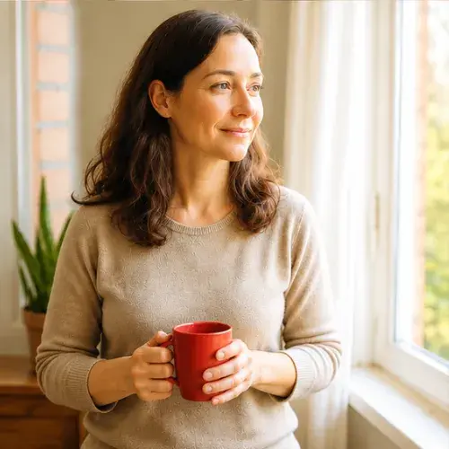 frau-steht-am-fenster-innere-ruhe-kaffeepause Entspannte Mutter am Morgen – gelassen statt perfektionistisch