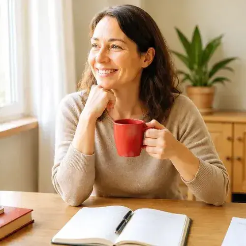 Frau mit roter Kaffeetasse lächelt zuversichtlich, sitzt an hellem Holztisch Frau mit roter Kaffeetasse lächelt zuversichtlich, sitzt an hellem Holztisch
